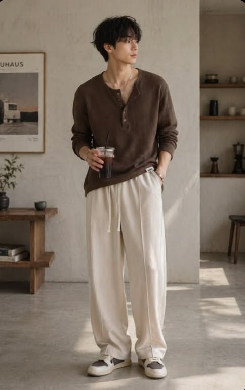 Man in a brown henley shirt and cream sweatpants holding a drink indoors