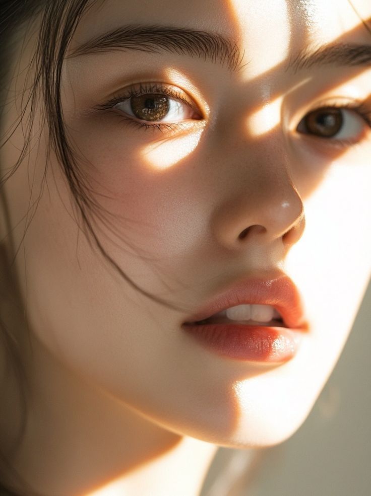 Close up portrait of a woman's face with soft lighting and warm tones