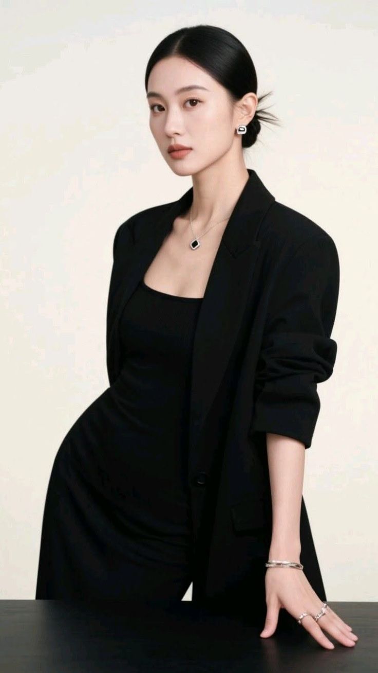 Woman in a black blazer and dress with an updo and jewelry in a studio shot