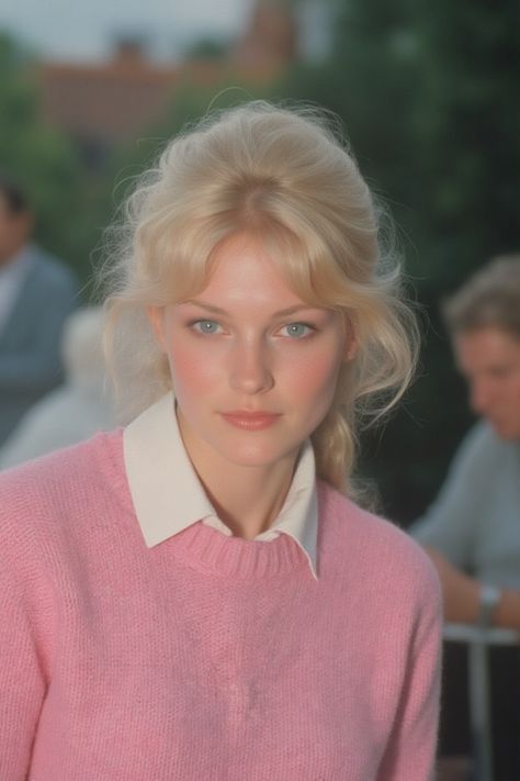Blonde woman in a pink sweater and white collar shirt looking at the camera