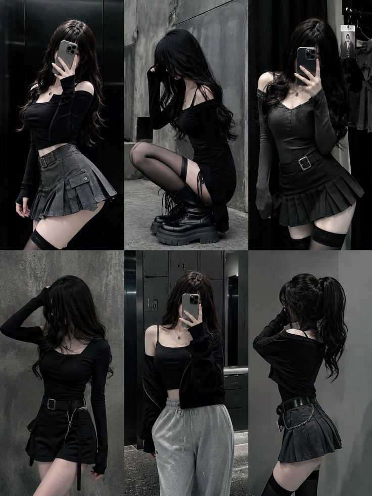 Multiple full body shots of a woman in dark, gothic-inspired outfits