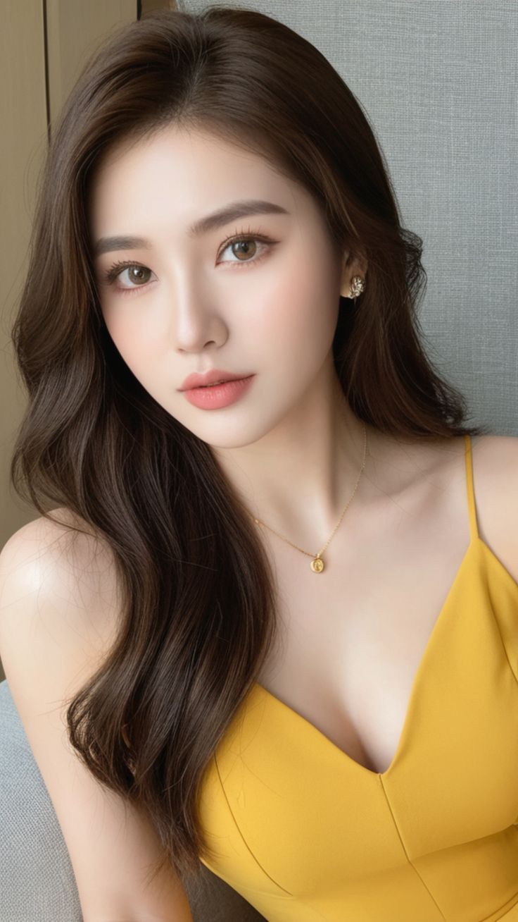 Woman with long brown hair wearing a yellow top and jewelry