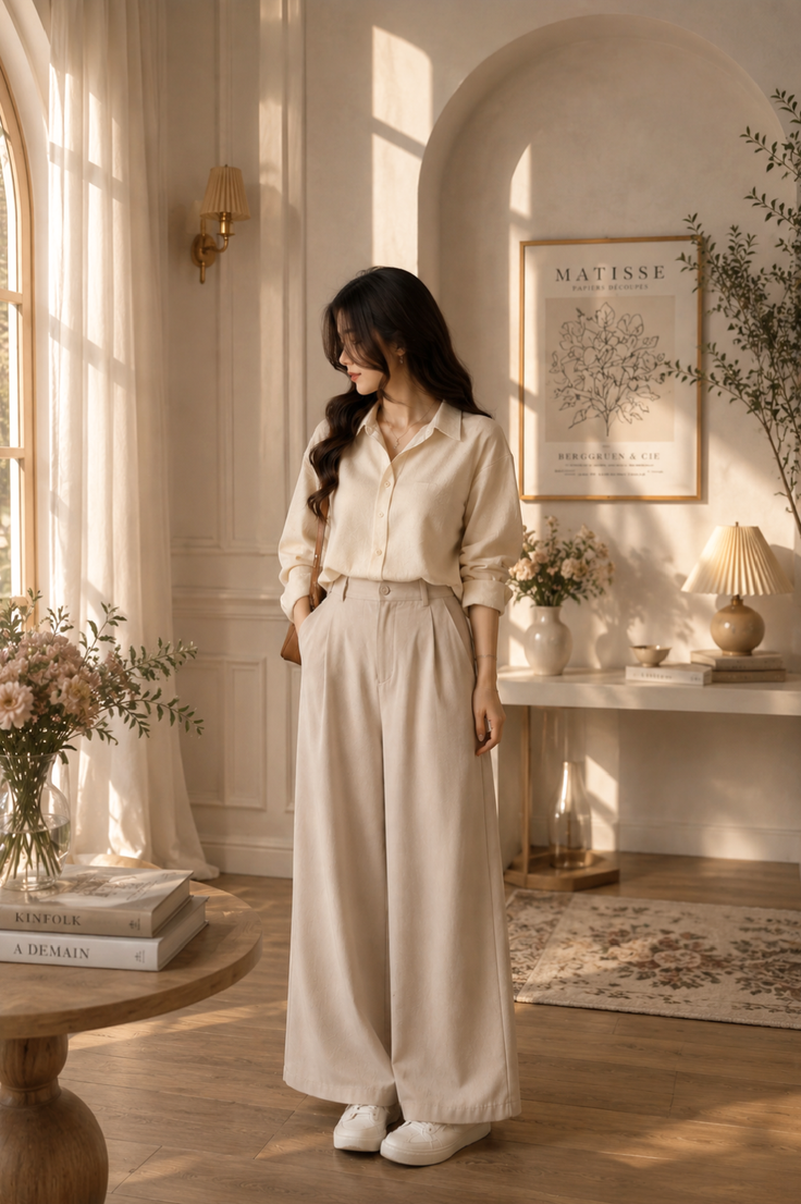 Woman in a neutral-toned outfit standing in a sunlit room