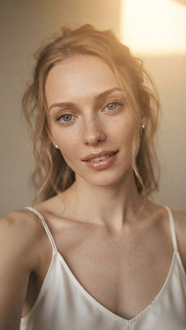 Woman with blonde hair and freckles wearing a white spaghetti strap top