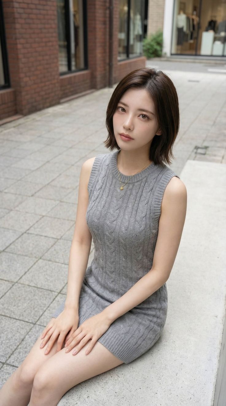 Woman with short hair in a gray knitted dress sitting outdoors