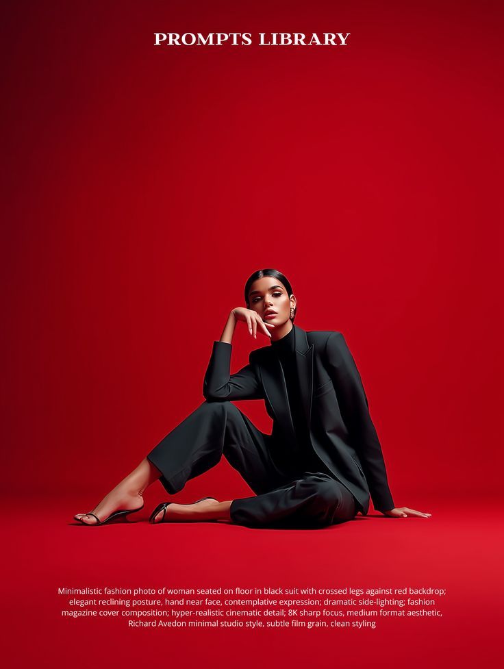 Woman in a black suit sitting on a red background with dramatic lighting