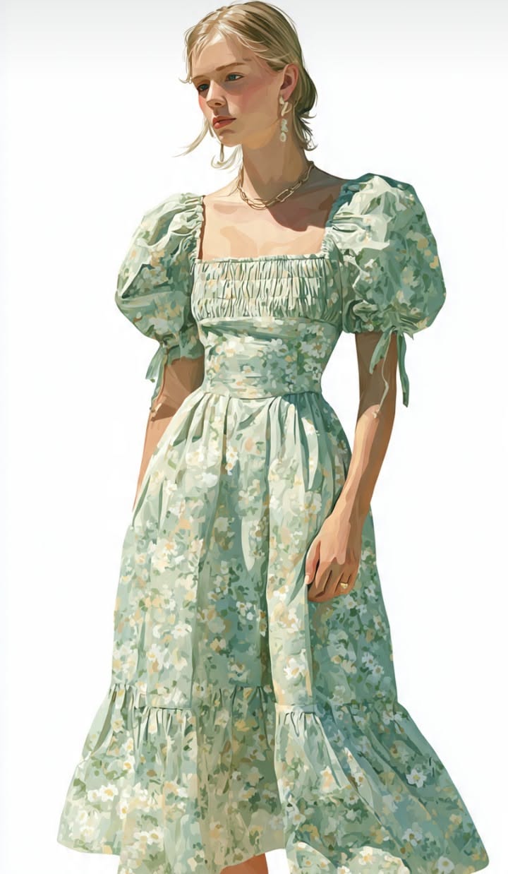 Woman in a green floral dress with puffy sleeves and a square neckline