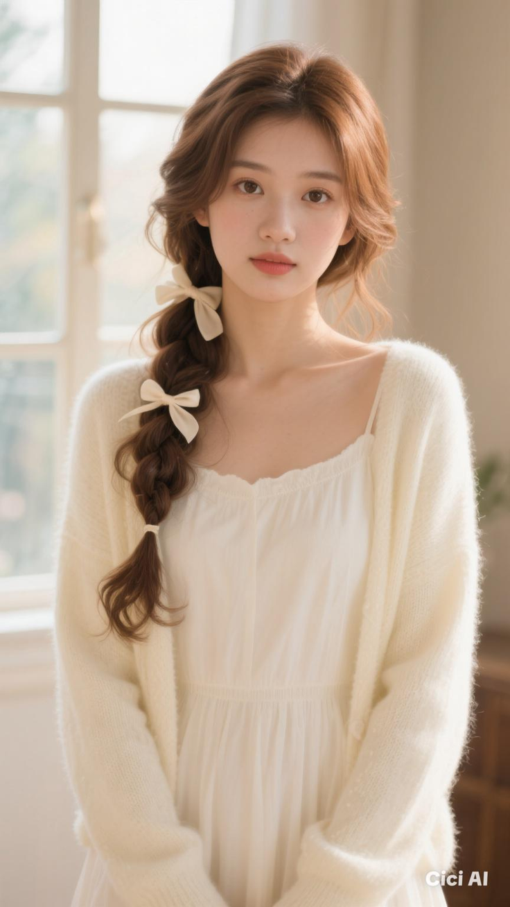Woman with braided brown hair and bows, wearing a white dress and cardigan indoors