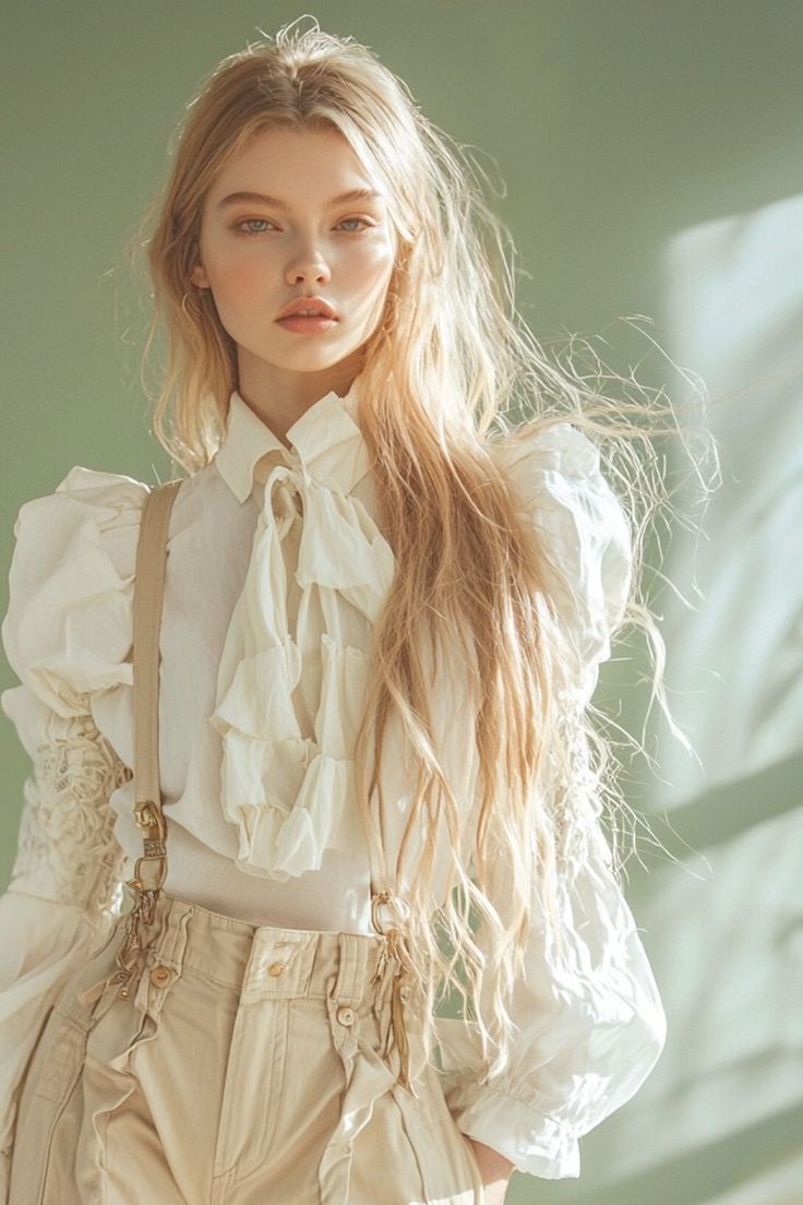 Woman with long blonde hair wearing a ruffled blouse and suspenders indoors