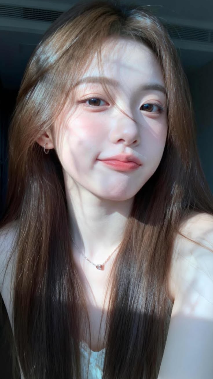 Young woman with long brown hair and a necklace, exposed shoulders