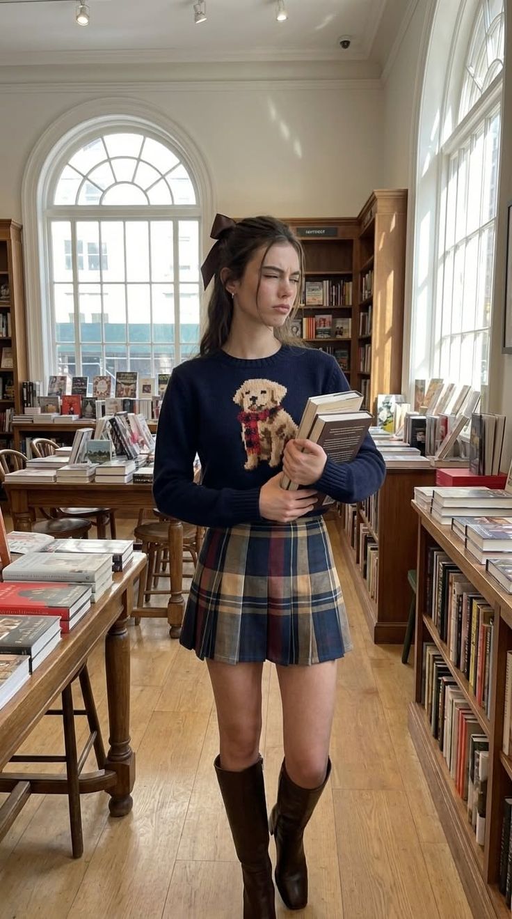 Woman in a plaid skirt and dog sweater holding books in a bookstore
