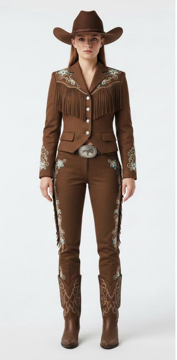 Woman in a brown cowboy hat, fringe jacket, and embroidered pants with cowboy boots