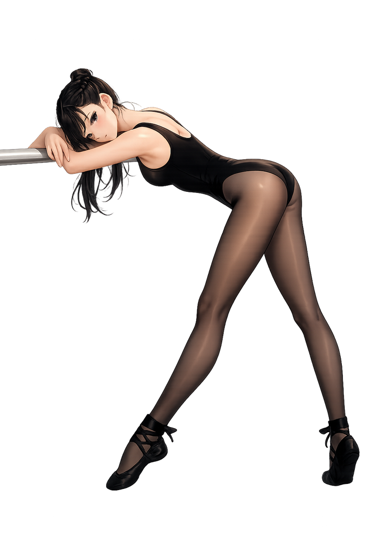 Woman in a black leotard and sheer tights leaning on a ballet barre