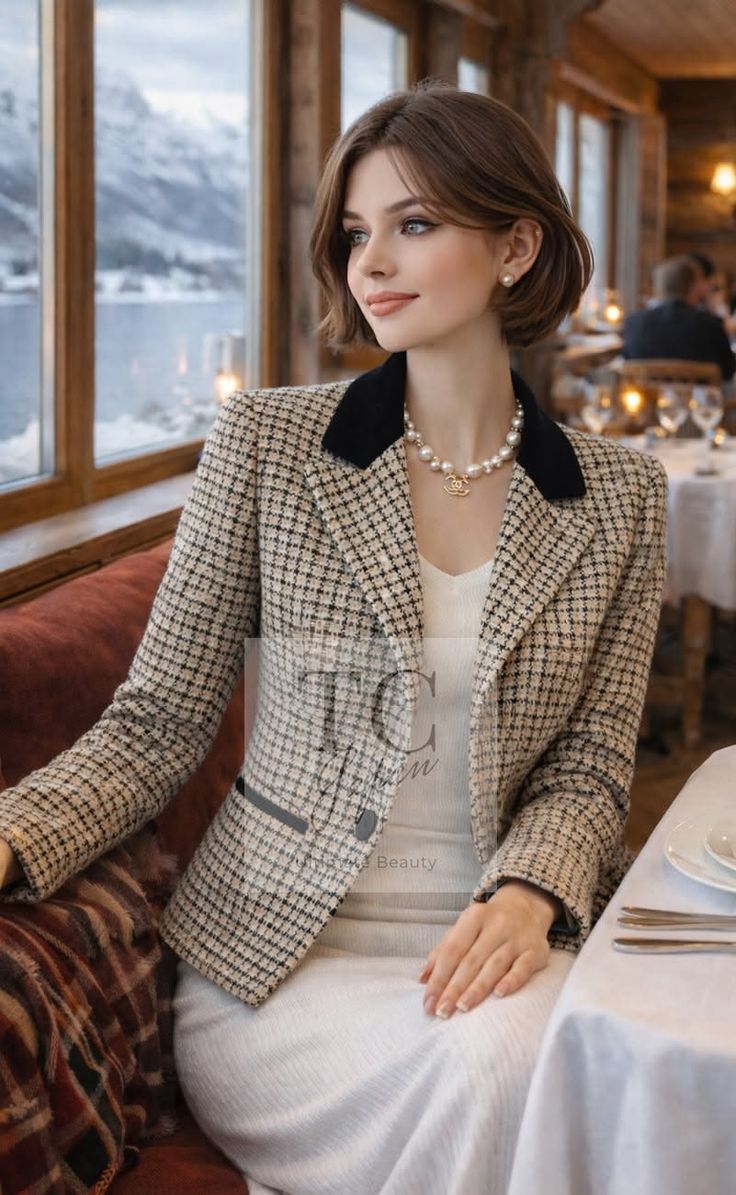 Woman with short hair wearing a tweed jacket and pearl necklace in a restaurant
