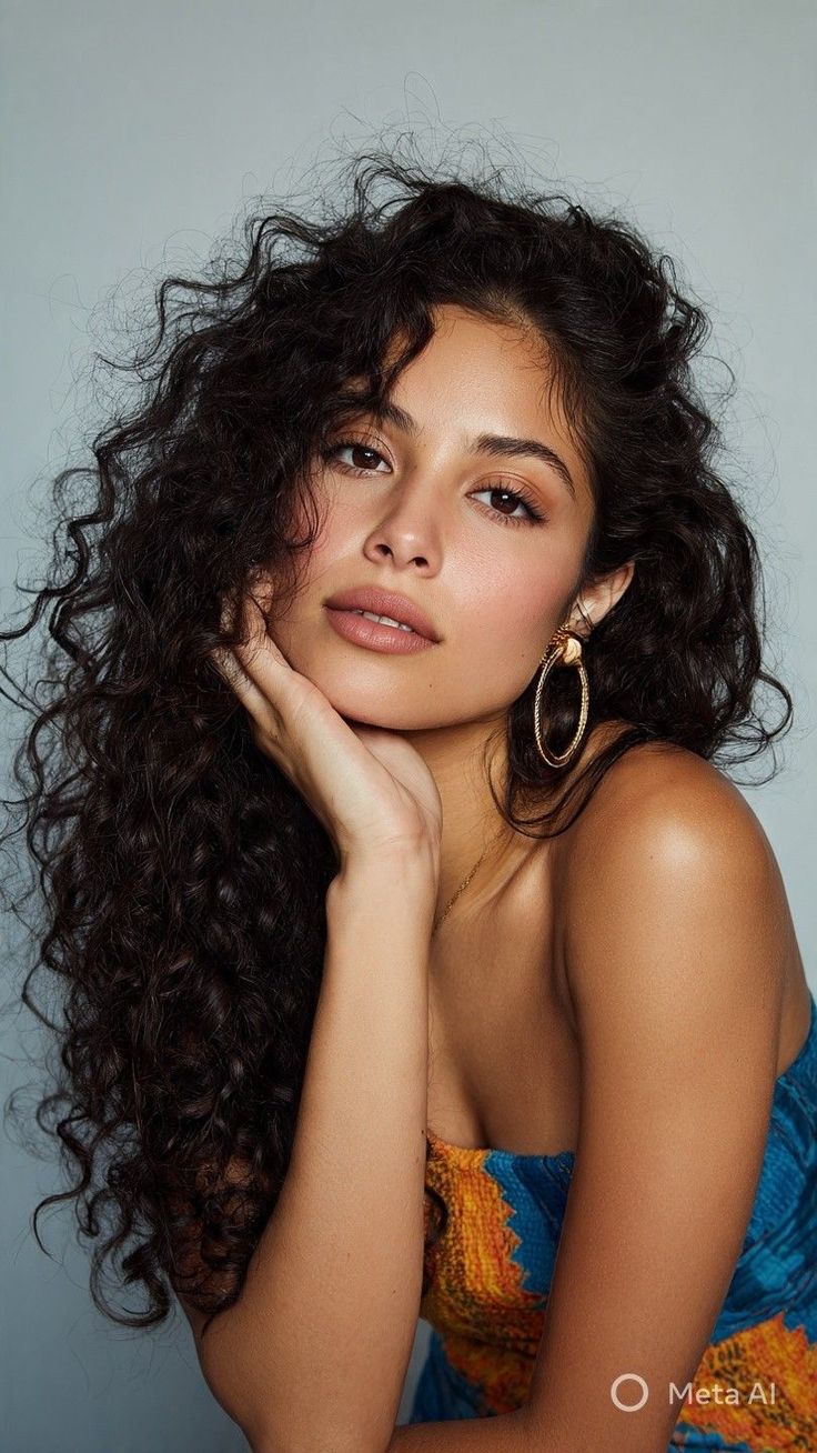 Woman with long curly hair and hoop earrings wearing a strapless top