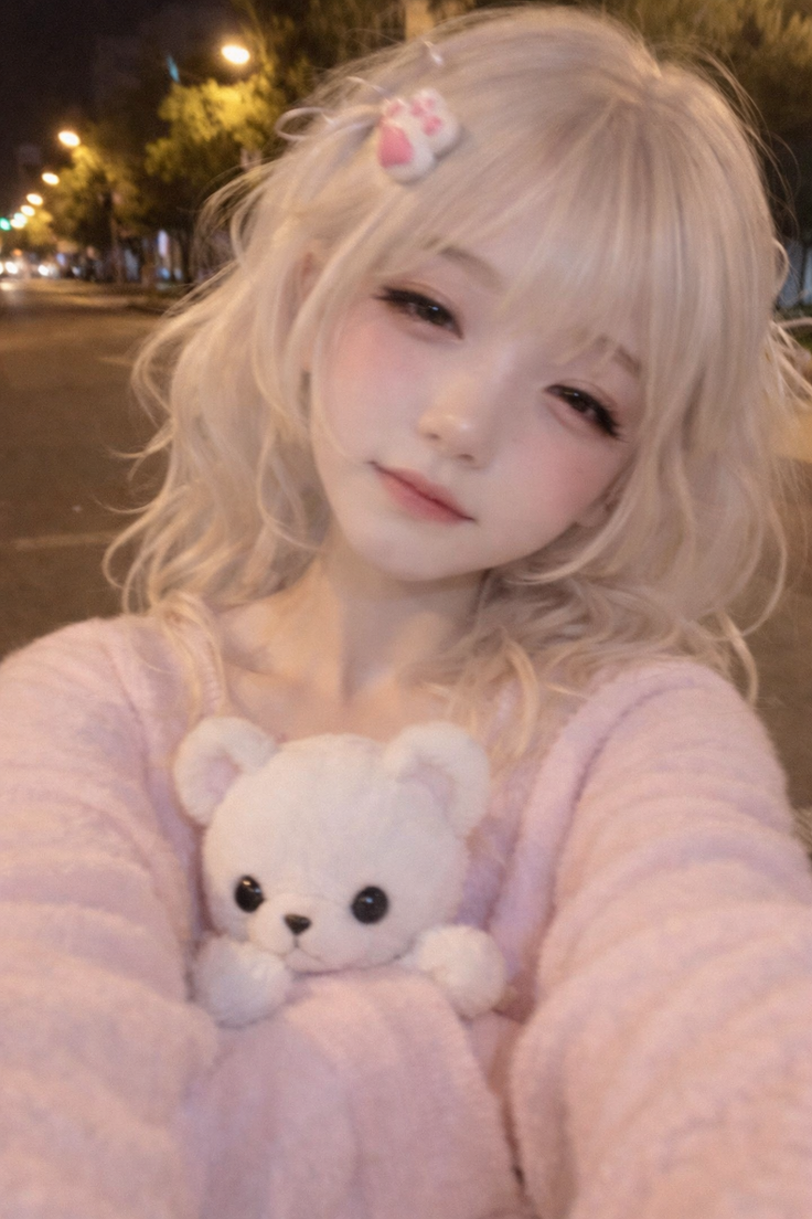 Blonde woman in a pink sweater holding a teddy bear at night