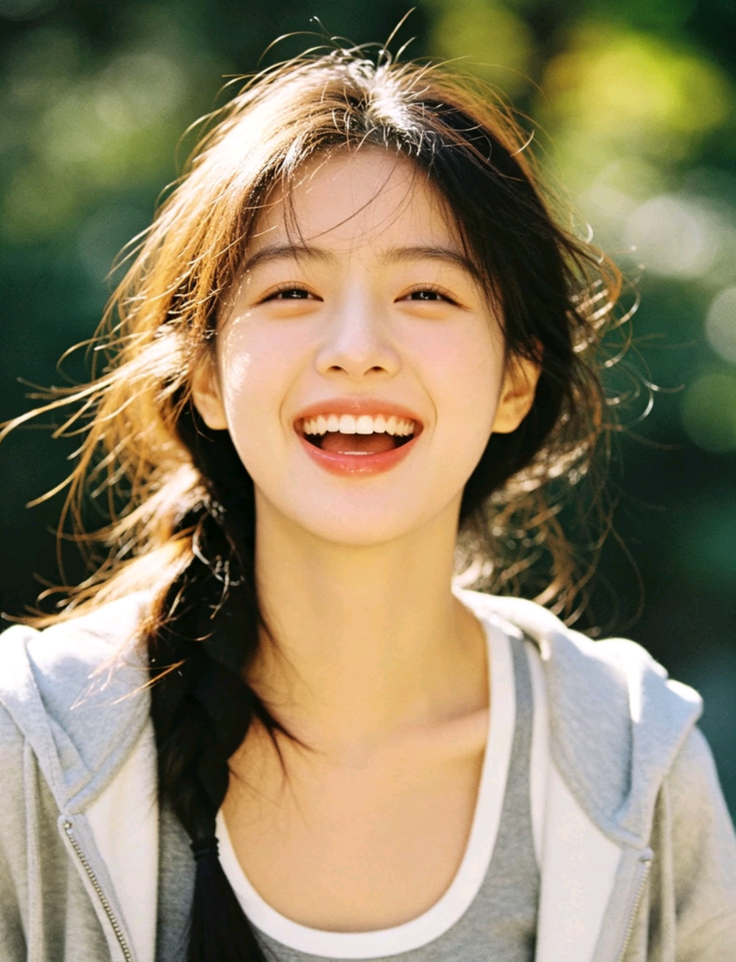 Woman with a braid and hoodie smiling outdoors with soft lighting