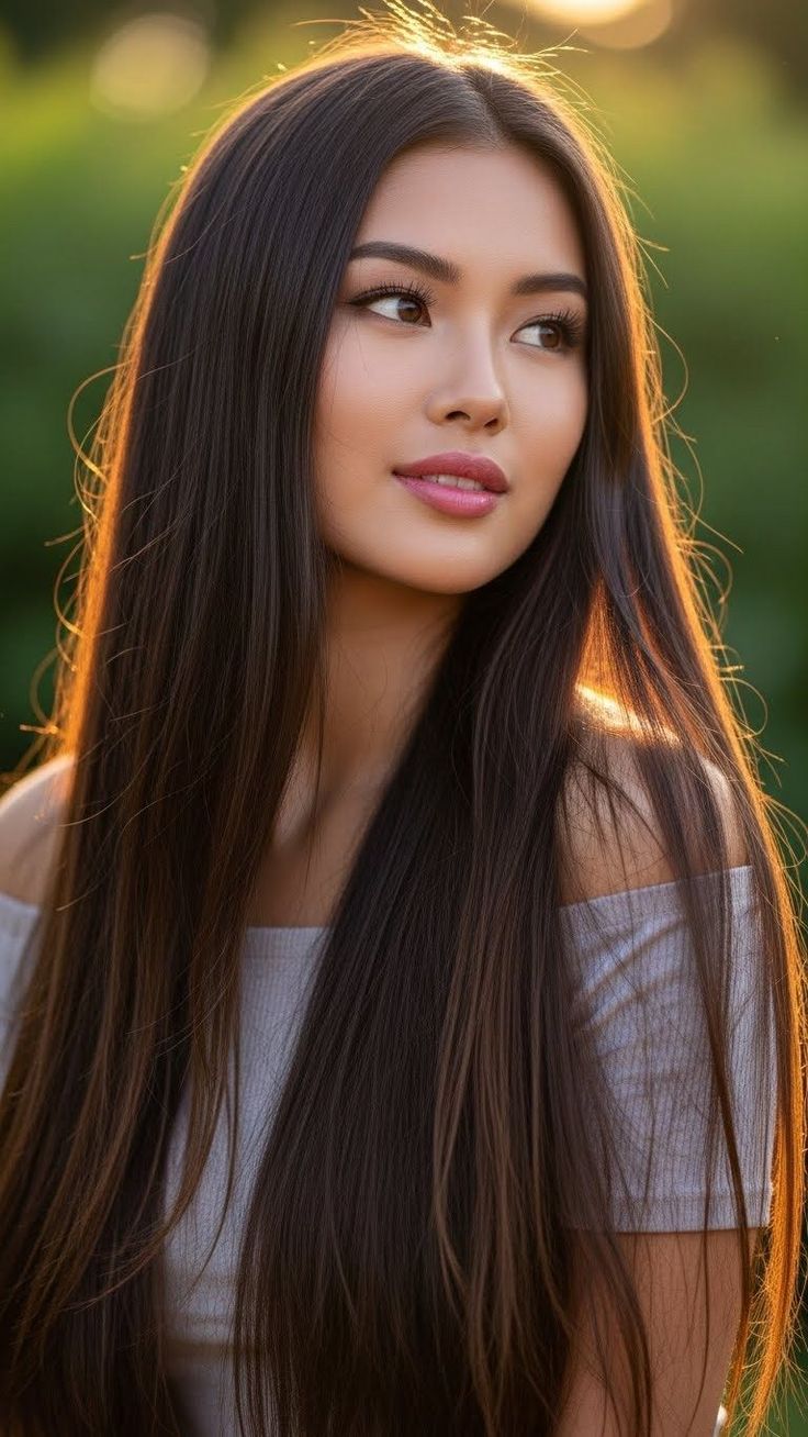 Woman with long dark hair wearing an off-shoulder top, bathed in golden hour light