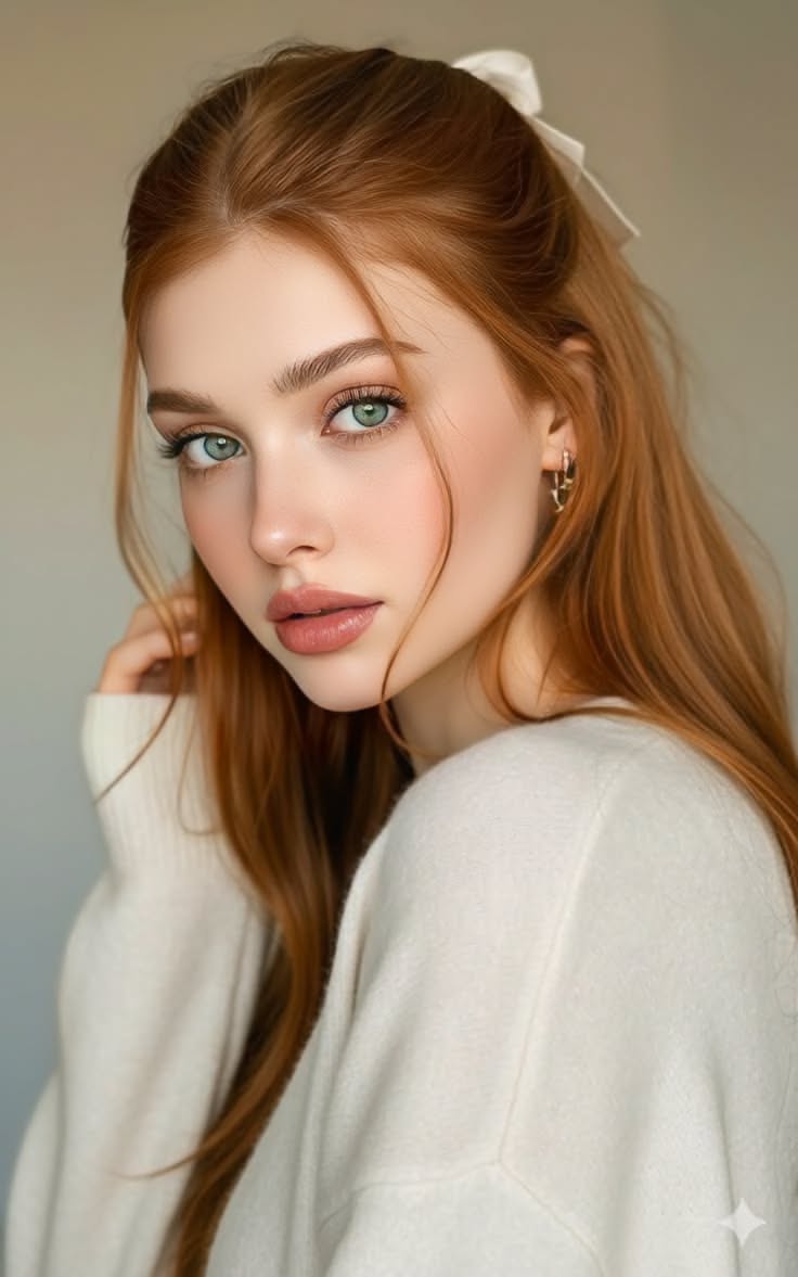 Woman with long red hair and green eyes wearing a white sweater