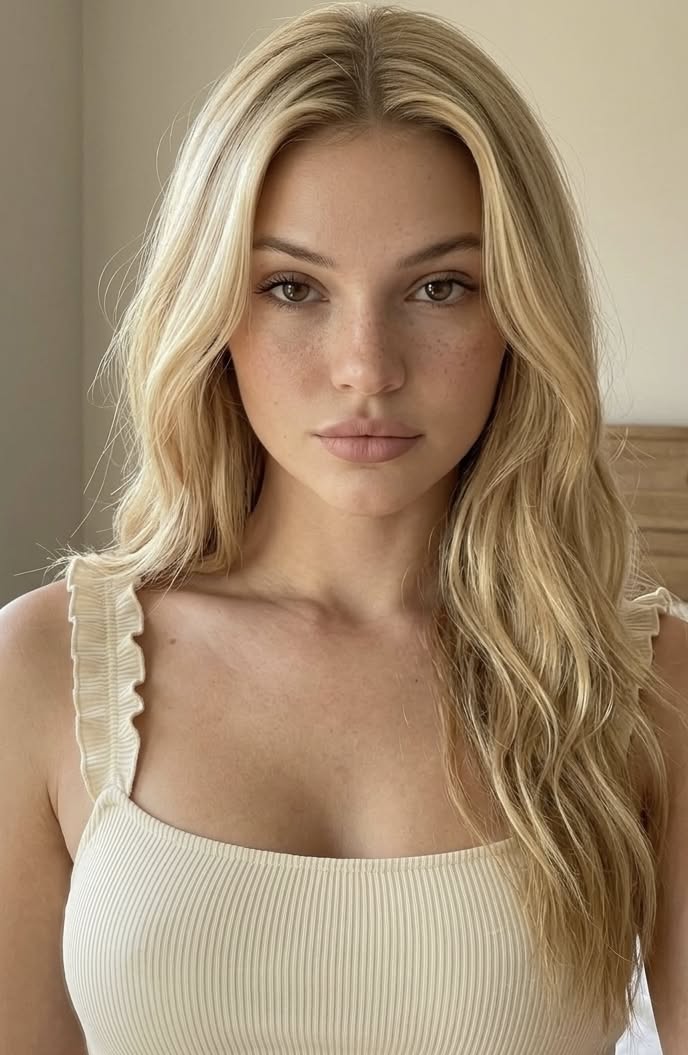 Woman with blonde hair and freckles wearing a ribbed top with ruffle straps