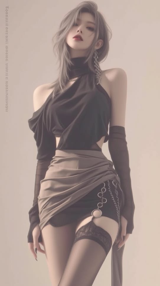 Woman with gray hair in a black top and mini skirt with thigh high stockings