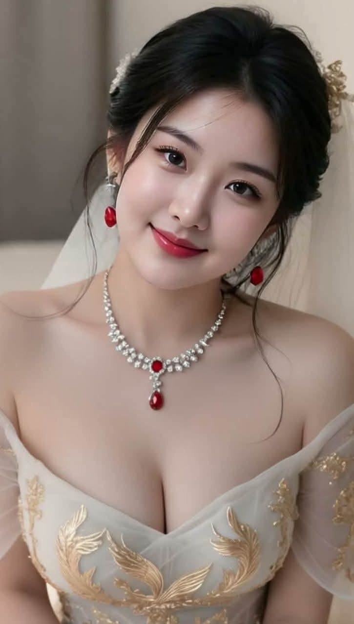Woman in a wedding dress with red and diamond jewelry, smiling at the camera