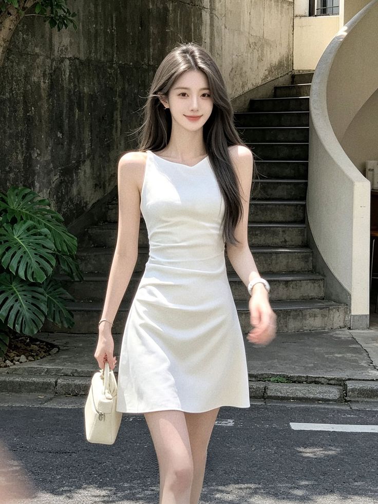 Woman in a white dress holding a handbag outdoors with stairs in the background
