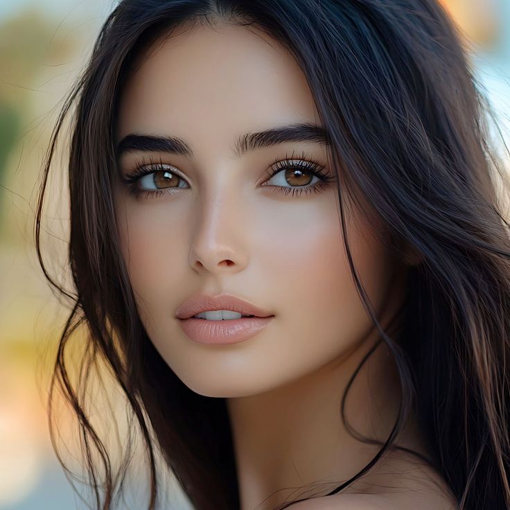 Close up portrait of a woman with long dark hair and brown eyes