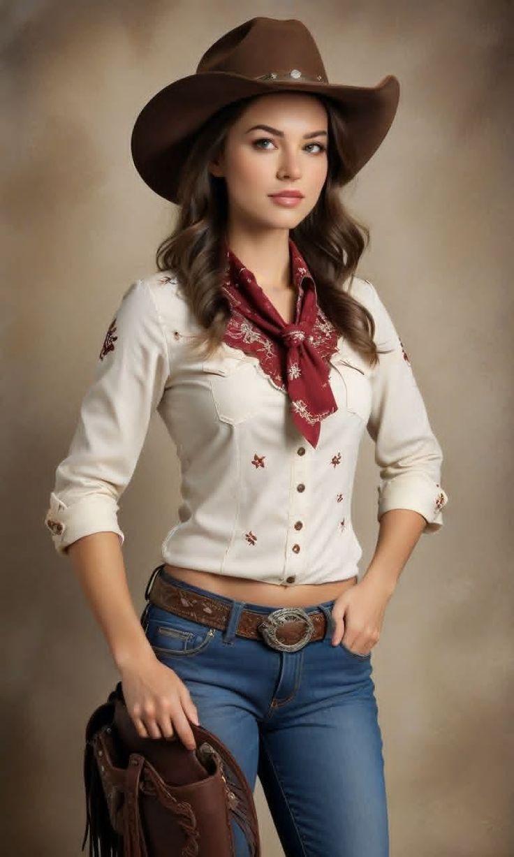 Woman in a cowboy hat, bandana, and western shirt with jeans