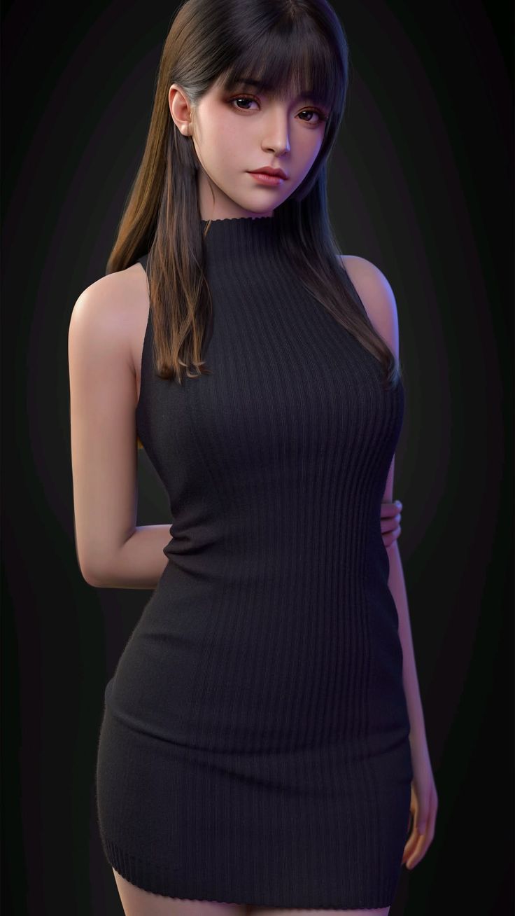 Woman in a black ribbed dress with long dark hair against a dark background