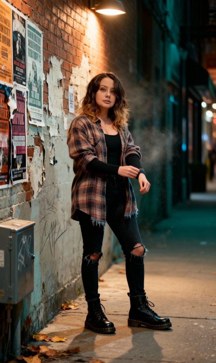 Woman in a plaid shirt and ripped jeans standing on a street at night