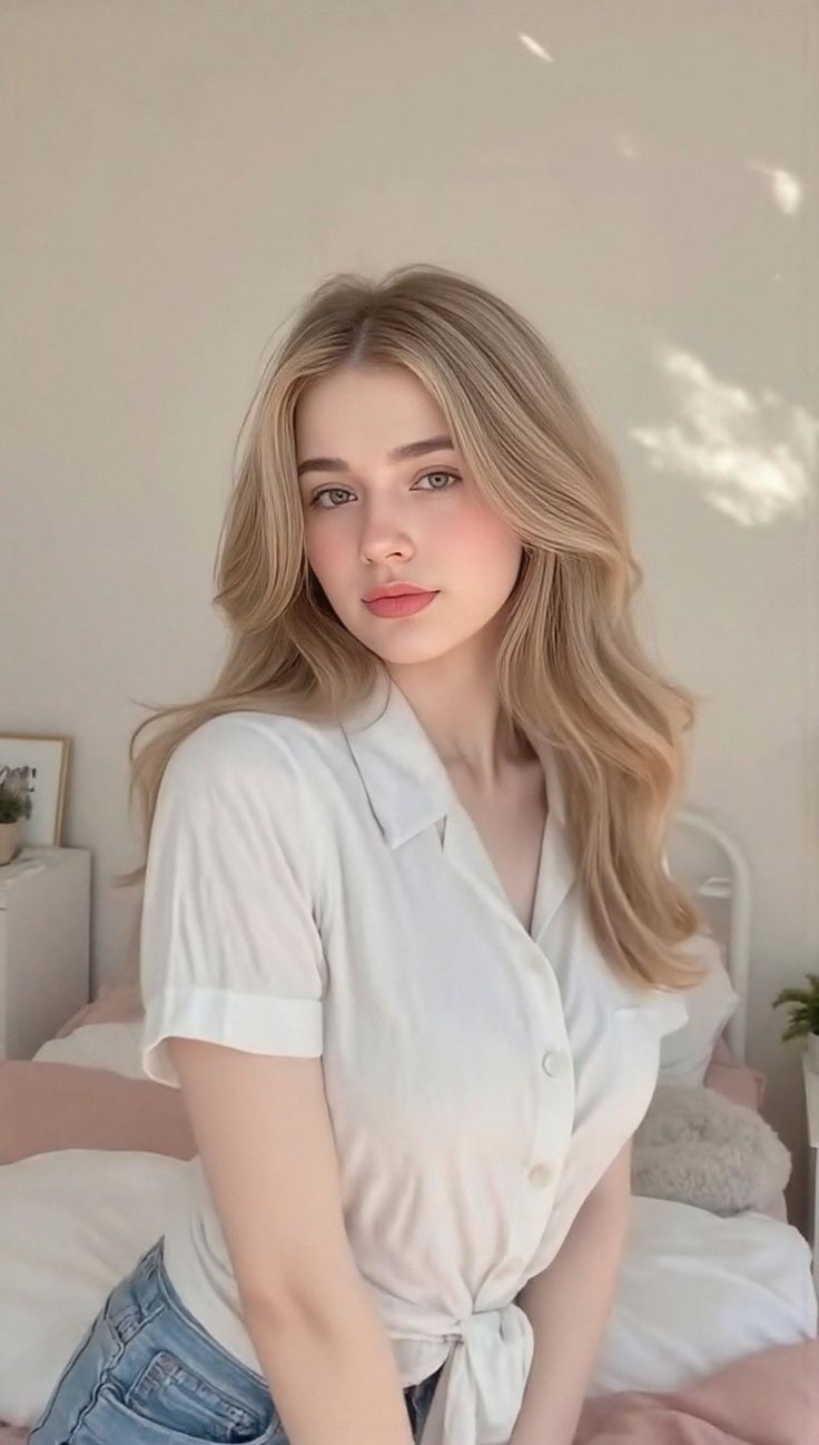 Young woman with blonde hair wearing a white shirt and blue jeans in a bedroom