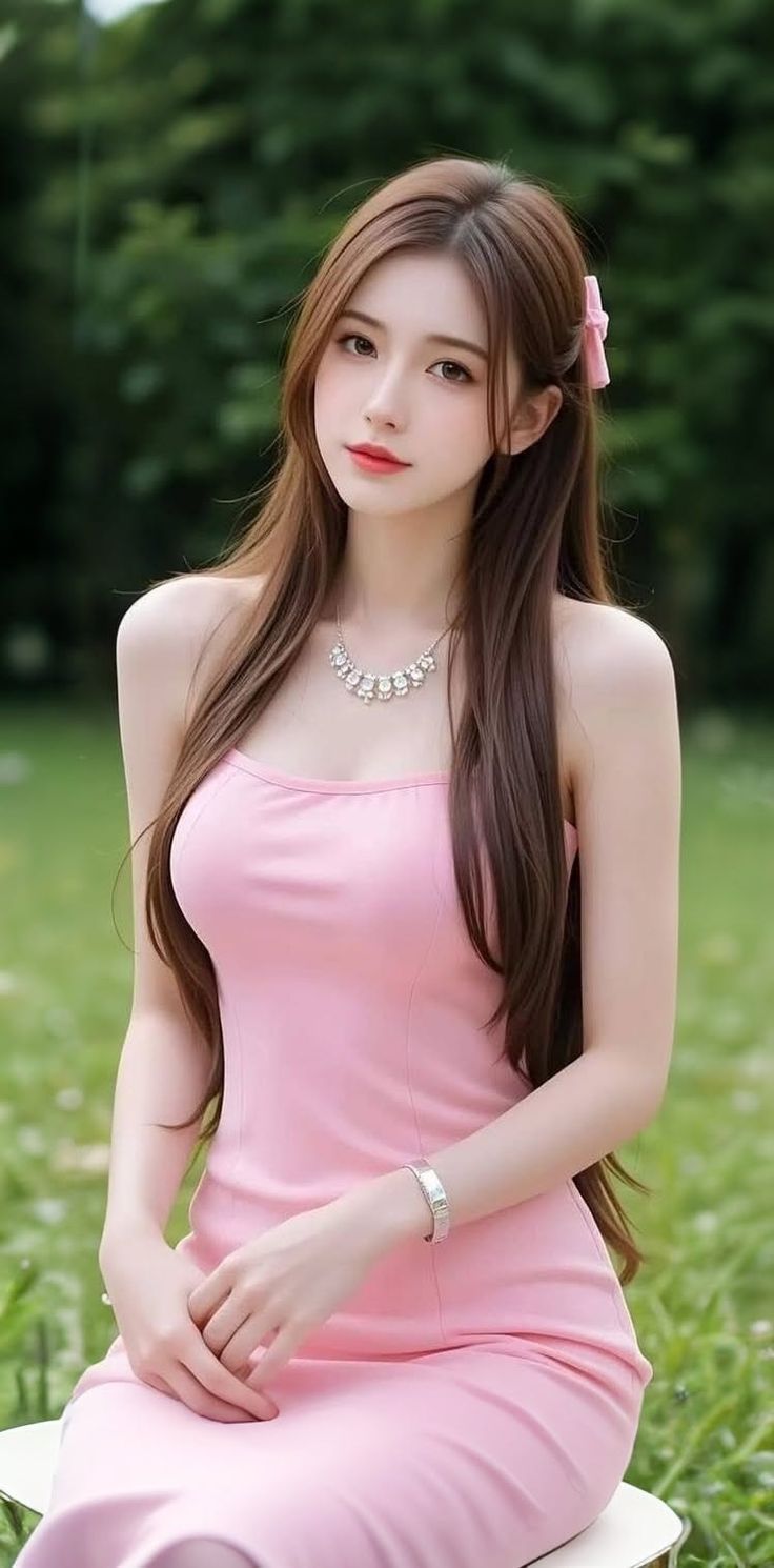 Woman in a pink dress with long hair and a necklace outdoors