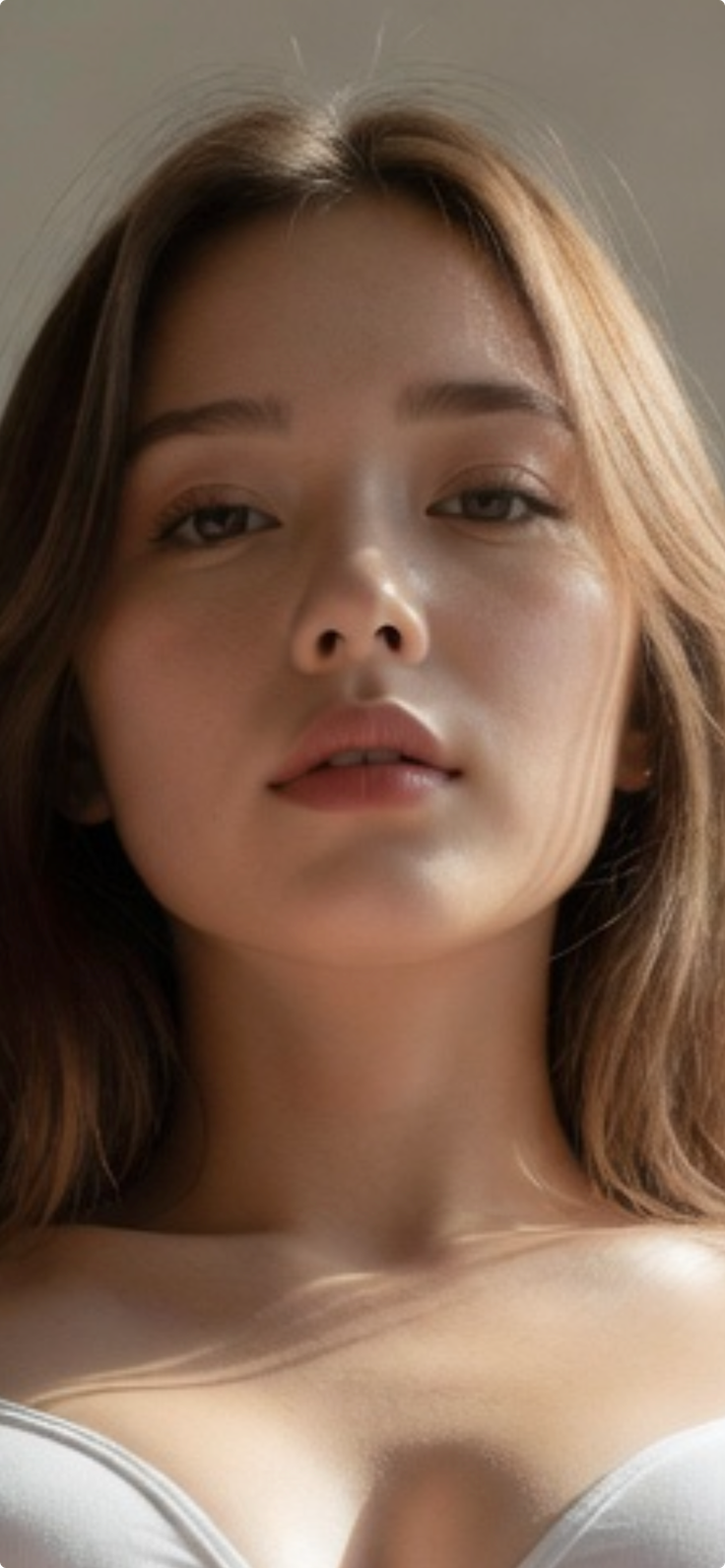 Woman with long hair and cleavage, looking up at the camera