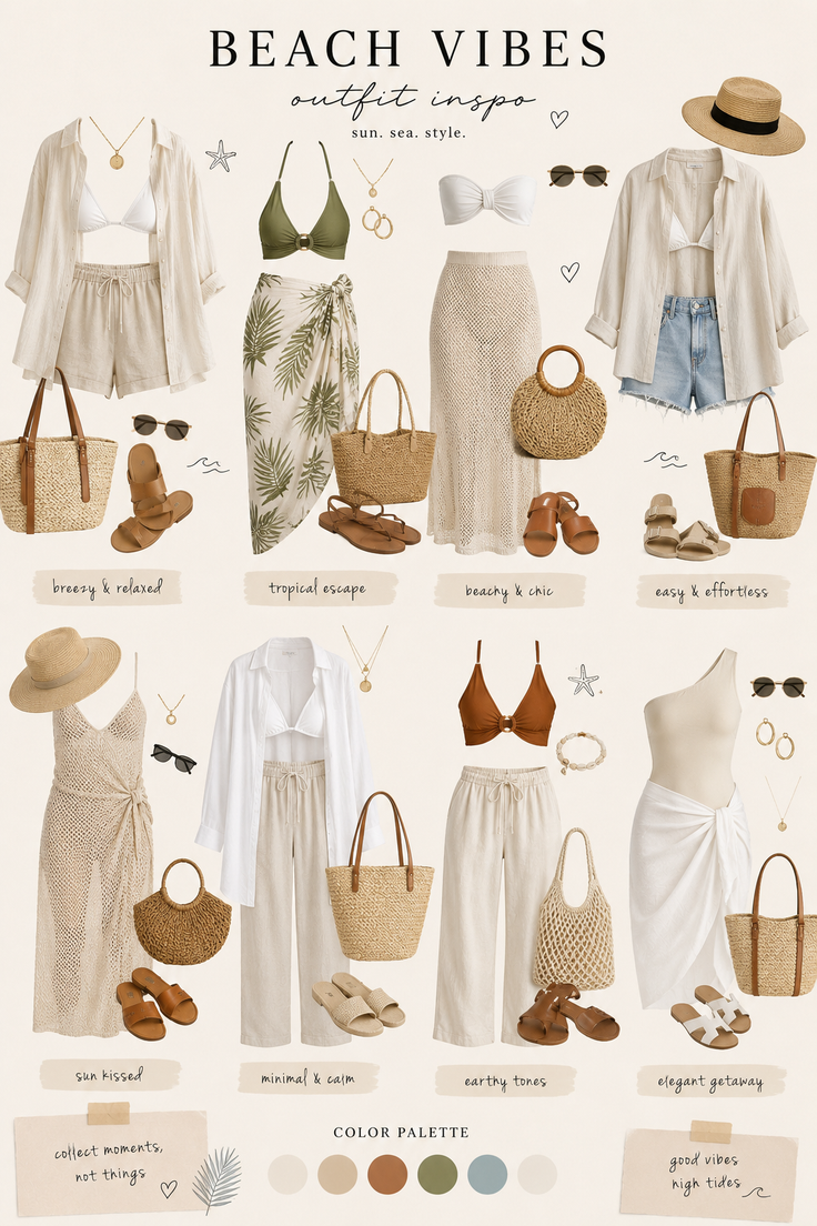 A collection of beach-themed outfit inspirations with neutral tones and accessories