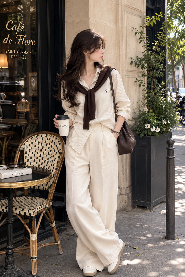Woman in a striped shirt and wide leg pants holding coffee outside a cafe