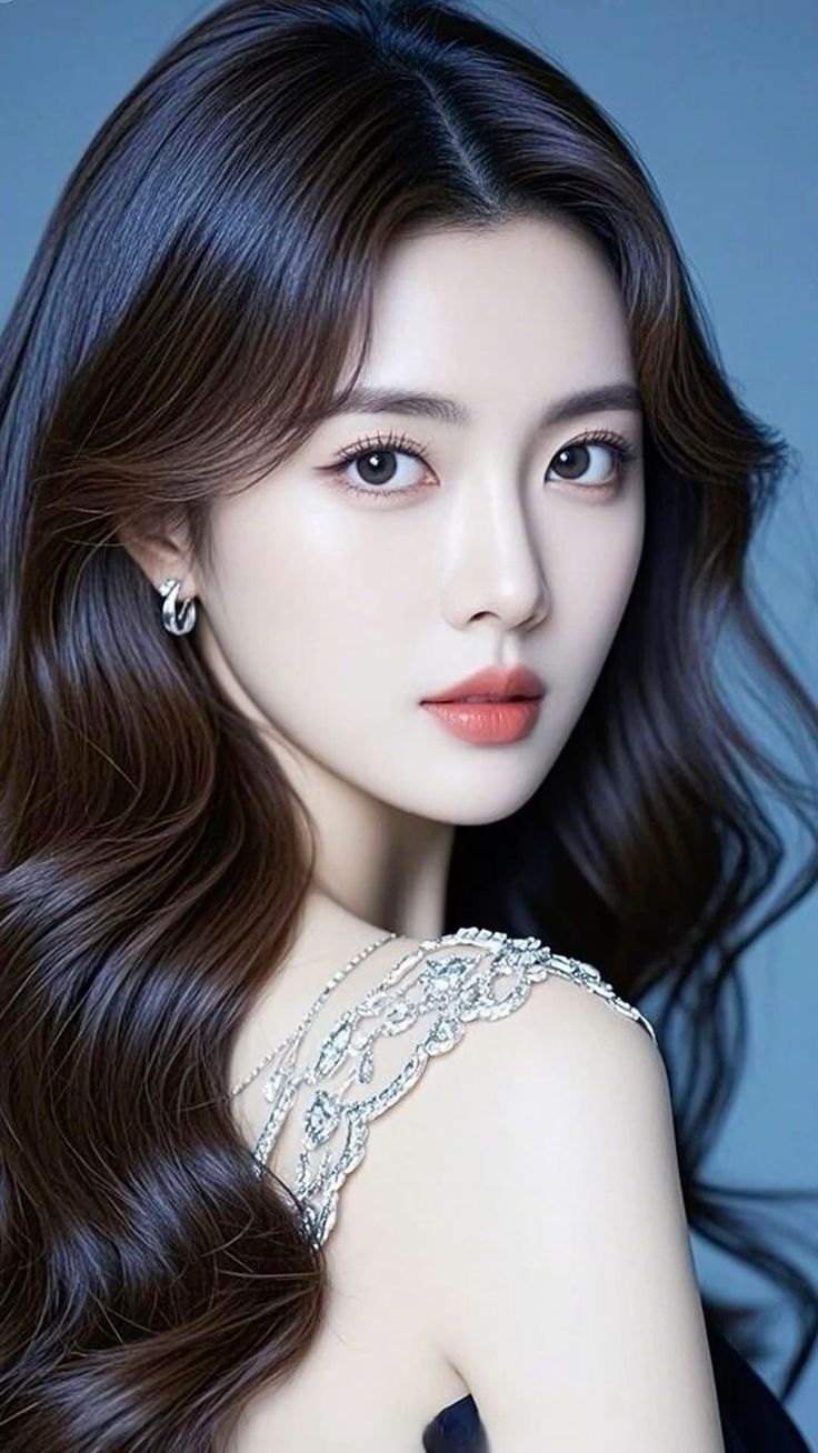 Woman with long dark hair and silver jewelry looking at the viewer