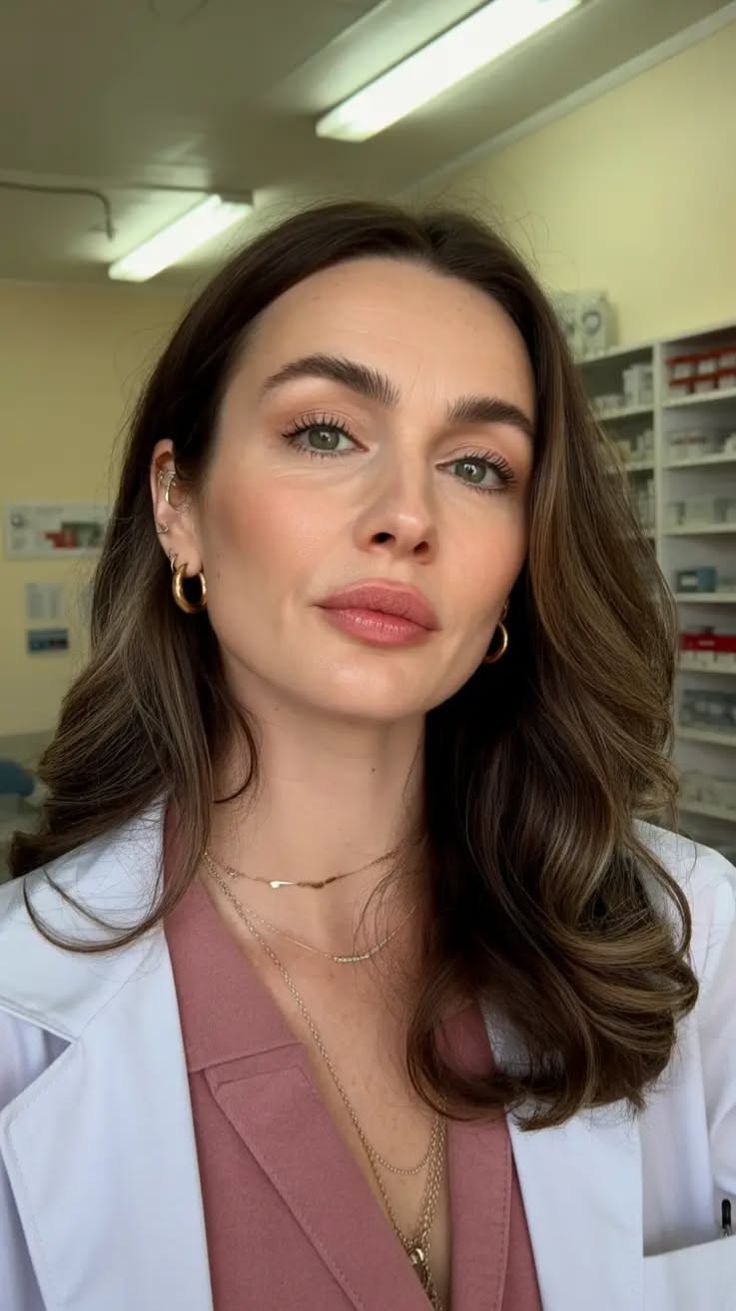 Woman with long wavy hair wearing a white lab coat and gold jewelry indoors