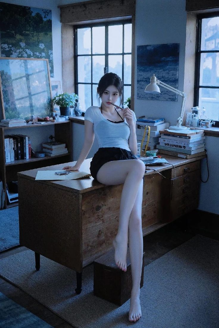 Woman in a white t-shirt and black shorts sitting on a desk indoors