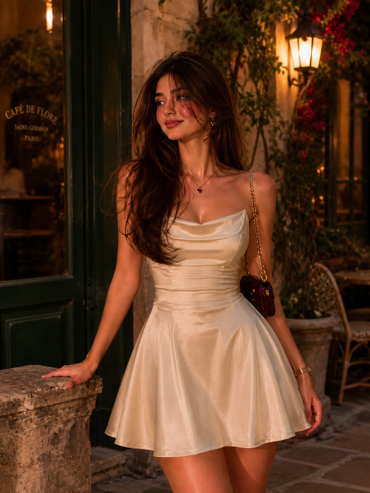 Woman in a strapless mini dress standing outdoors at golden hour