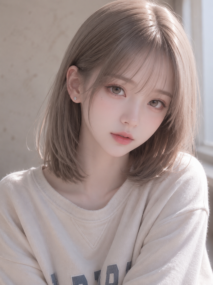 Woman with short blonde hair and light brown eyes wearing a sweatshirt
