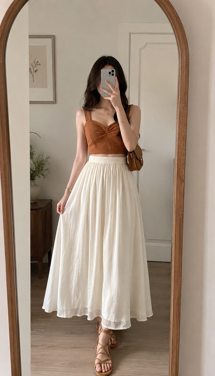 Woman in a brown crop top and white maxi skirt taking a mirror selfie