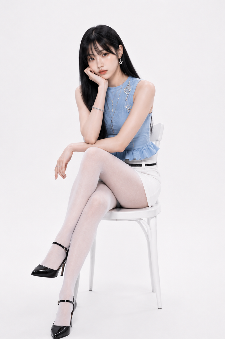 Woman with long black hair wearing a blue top and white shorts, sitting on a chair