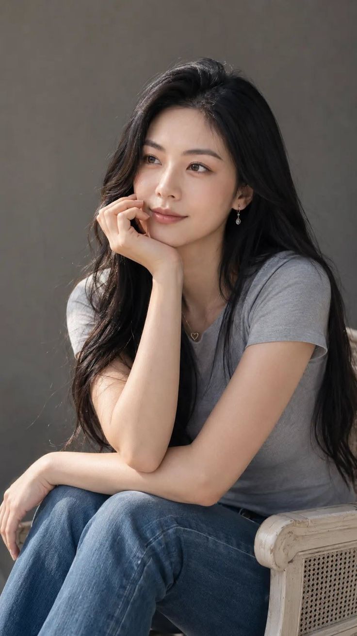Woman with long black hair wearing a grey t-shirt and blue jeans, looking away