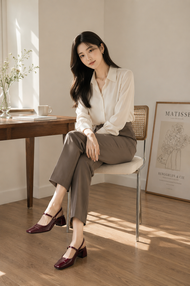 Woman in a white shirt and brown pants sitting on a chair indoors