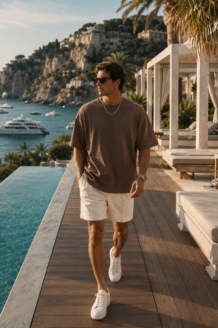 Man in sunglasses and casual wear walking by an infinity pool with an ocean view