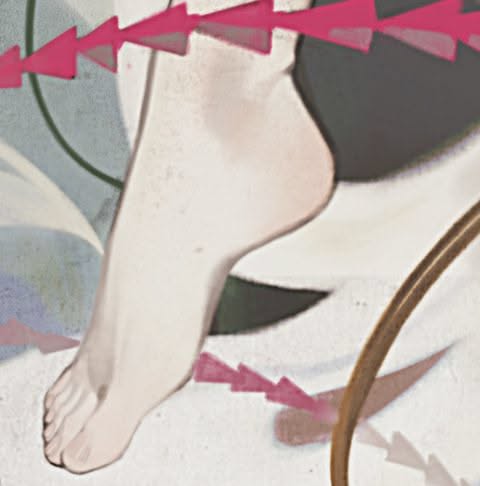 Barefoot leg with pink triangles and abstract background
