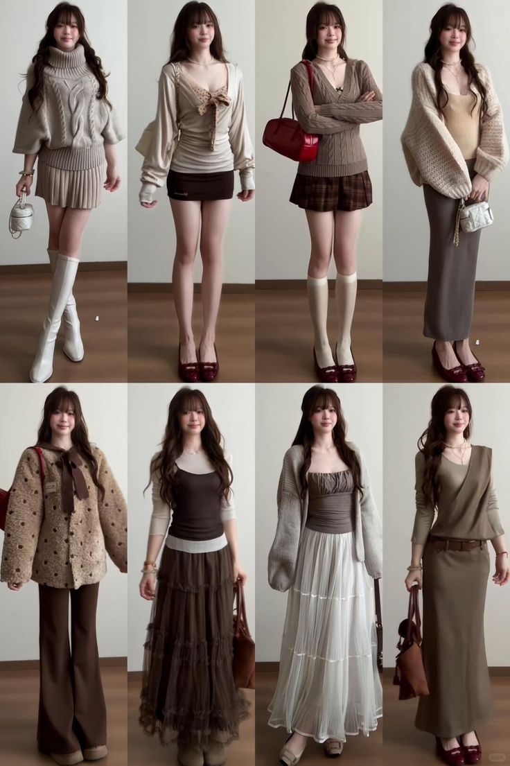 Eight full body shots of a woman in different outfits, mostly brown and beige tones
