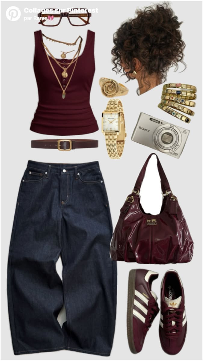 Fashion flat lay with a maroon tank top, wide leg jeans, and gold accessories