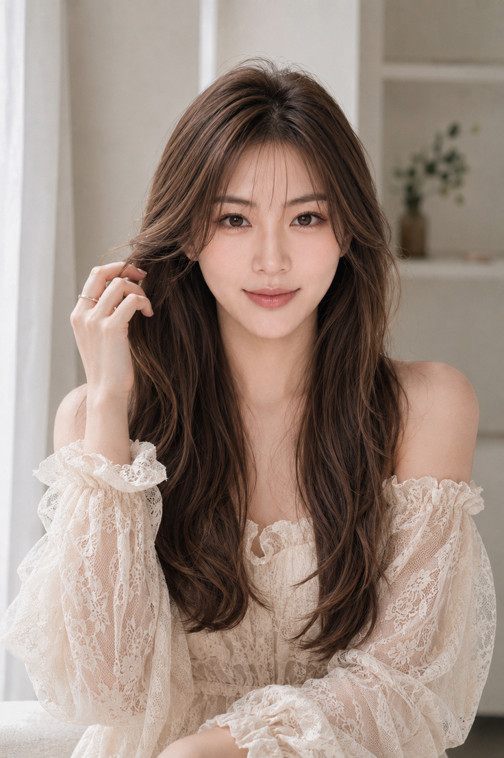 Woman with long brown hair wearing an off-shoulder lace dress indoors